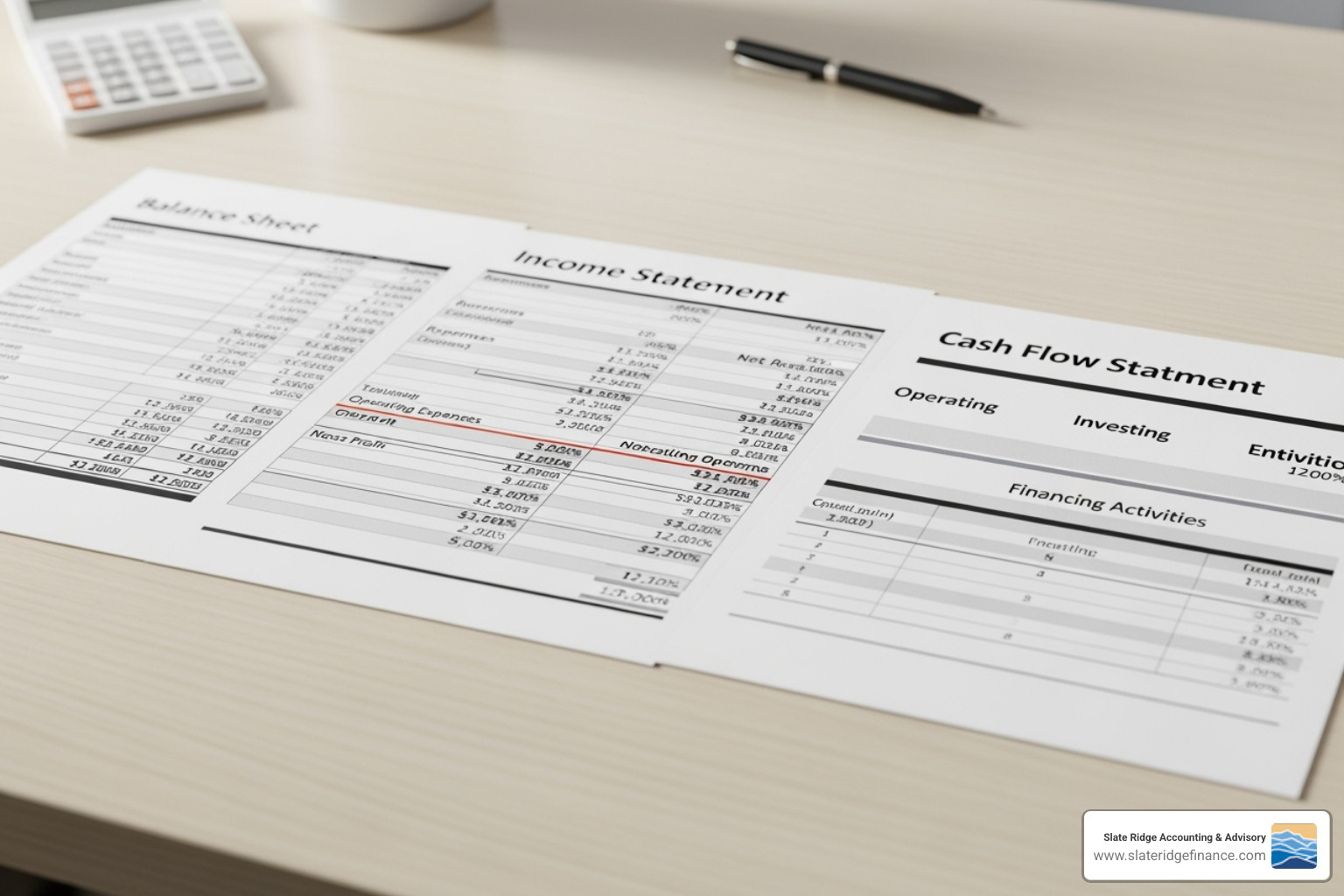 Image of the three core financial statements side-by-side: Balance Sheet, Income Statement, and Cash Flow Statement - financial reporting services Image of the three core financial statements side-by-side: Balance Sheet, Income Statement, and Cash Flow Statement - financial reporting services