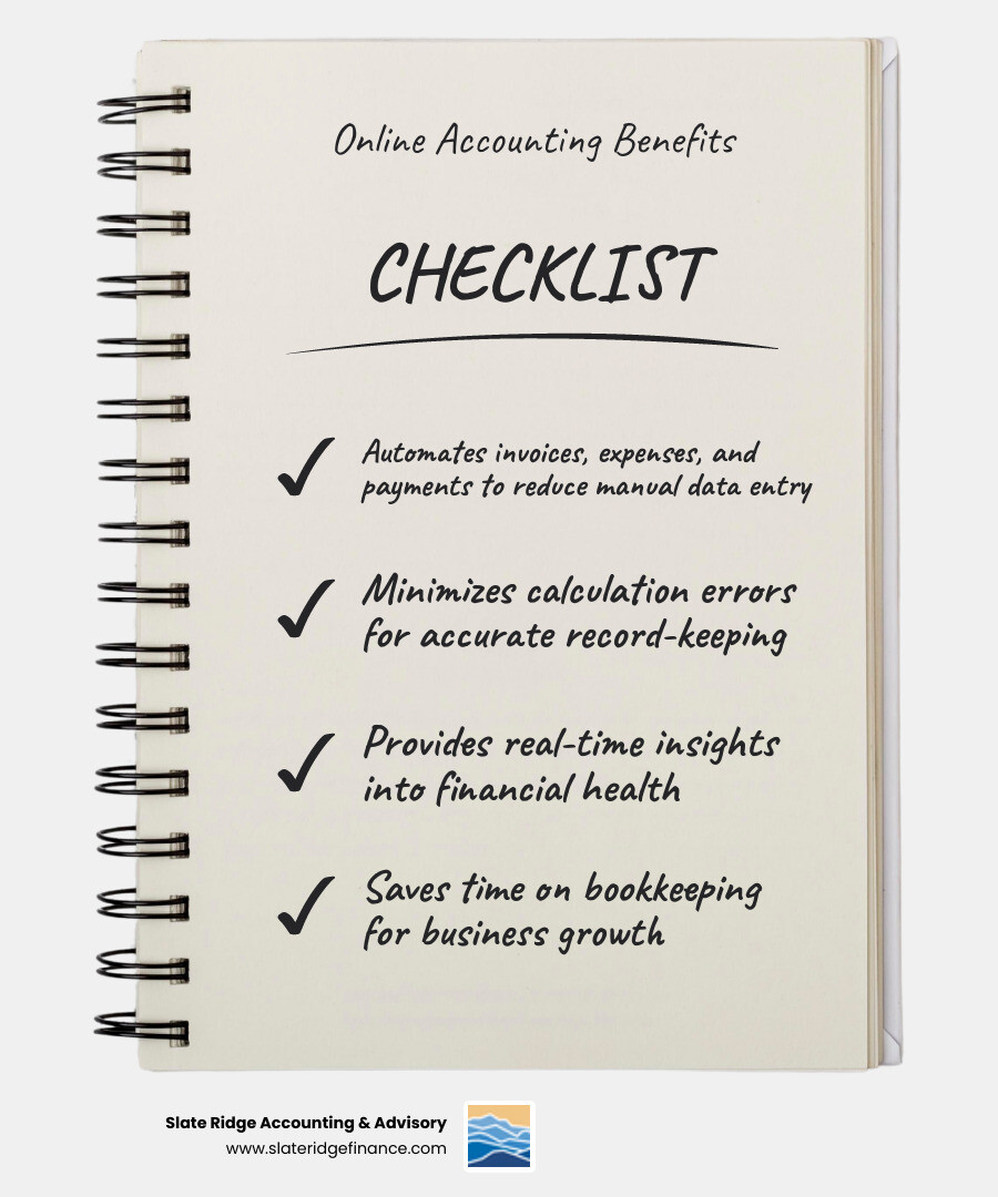Infographic detailing the core benefits of online small business accounting: Automation, Accuracy, Real-time Insights, Time Savings, and Enhanced Compliance - online small business accounting infographic checklist-notebook Infographic detailing the core benefits of online small business accounting: Automation, Accuracy, Real-time Insights, Time Savings, and Enhanced Compliance - online small business accounting infographic checklist-notebook