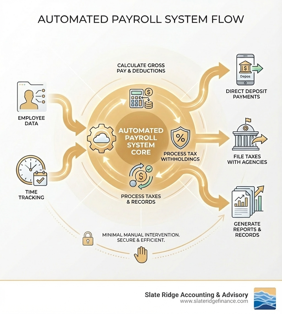 Infographic showing the automated payroll system flow: Employee data and time tracking feed into the system, which automatically calculates gross pay and deductions, processes tax withholdings, generates payments via direct deposit, files taxes with agencies, and produces reports and records—all with minimal manual intervention - automated payroll system infographic Infographic showing the automated payroll system flow: Employee data and time tracking feed into the system, which automatically calculates gross pay and deductions, processes tax withholdings, generates payments via direct deposit, files taxes with agencies, and produces reports and records—all with minimal manual intervention - automated payroll system infographic