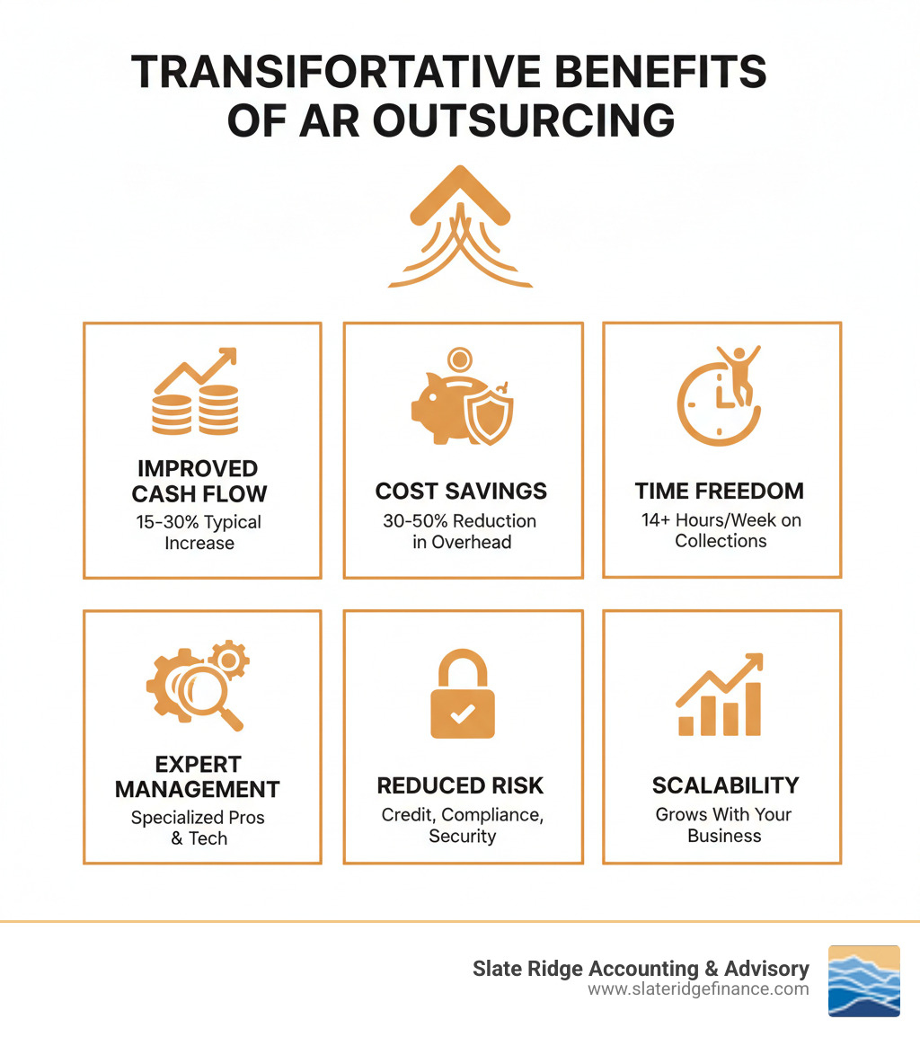 Infographic showing the transformative benefits of accounts receivable outsourcing: Improved Cash Flow with 15-30% typical improvement, Cost Savings of 30-50% reduction in overhead, Time Freedom from 14+ hours per week on collections, Expert Management with specialized AR professionals and advanced technology, Reduced Risk through better credit management and compliance, and Scalability to grow with your business needs - accounts receivable outsourcing infographic 