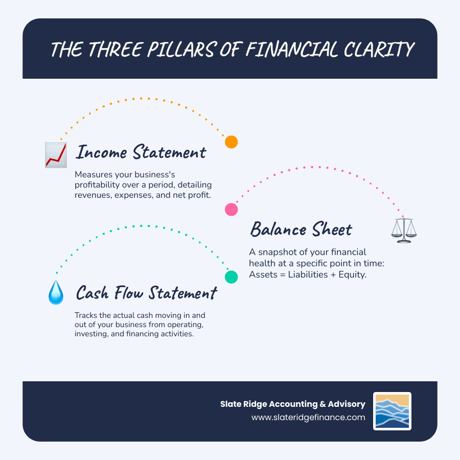 Infographic showing the three core financial statements - Income Statement measuring profitability over time, Balance Sheet showing financial position at a moment, and Cash Flow Statement tracking cash movement - with arrows demonstrating how net income flows from the Income Statement to retained earnings on the Balance Sheet, and how the Cash Flow Statement reconciles profit with actual cash - Small business financial reporting infographic infographic-line-3-steps-blues-accent_colors