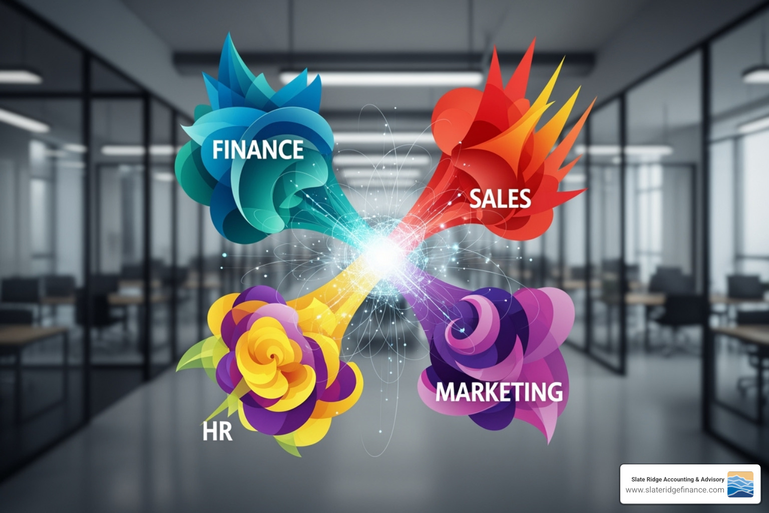 Infographic showcasing key KPIs for Finance, Sales, Marketing, and HR departments - how to track KPIs