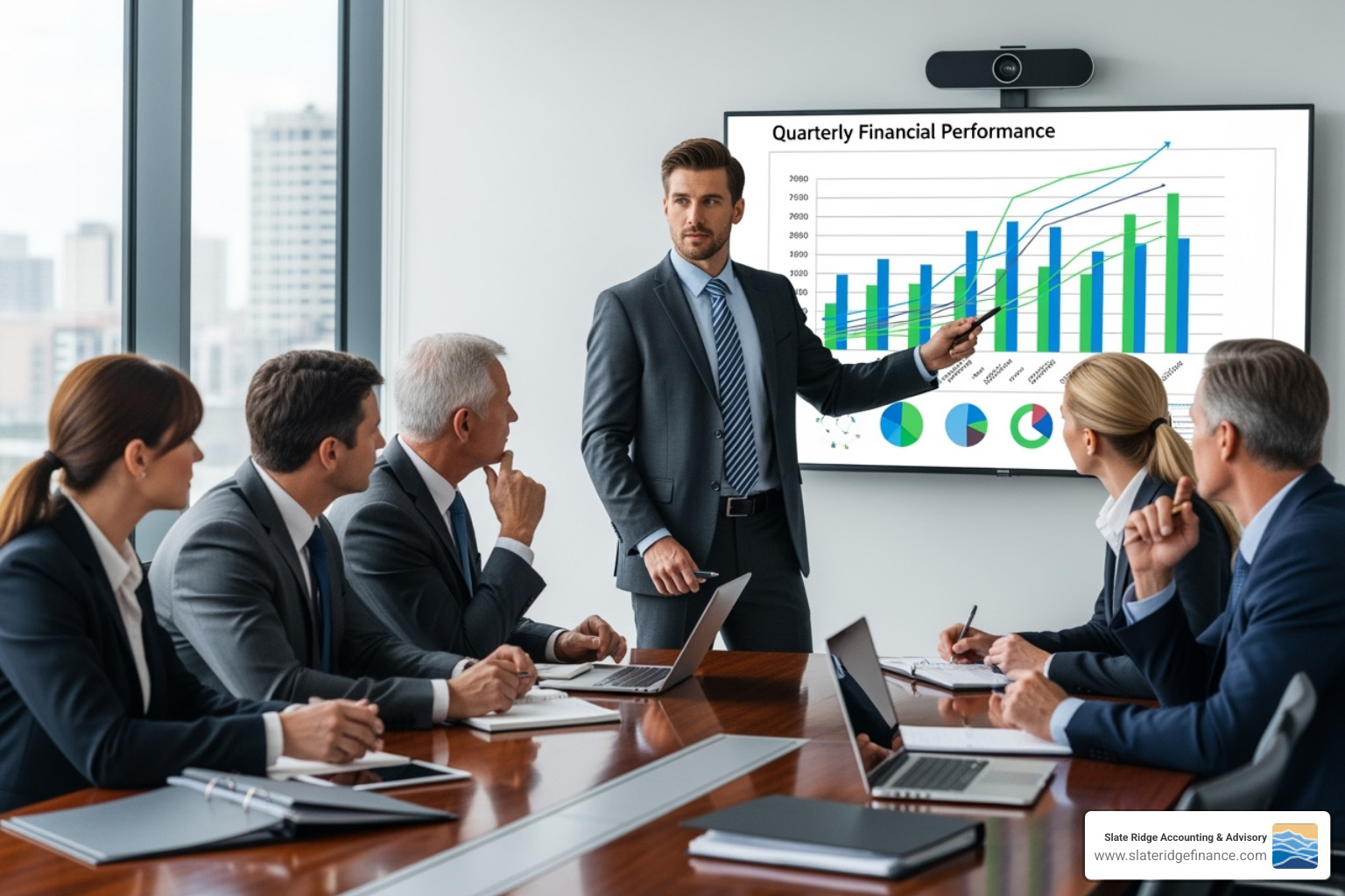 Image of an accountant acting as a strategic advisor in a business meeting, presenting insights from data to executives, emphasizing their new role beyond traditional bookkeeping - Modern accounting practices Image of an accountant acting as a strategic advisor in a business meeting, presenting insights from data to executives, emphasizing their new role beyond traditional bookkeeping - Modern accounting practices