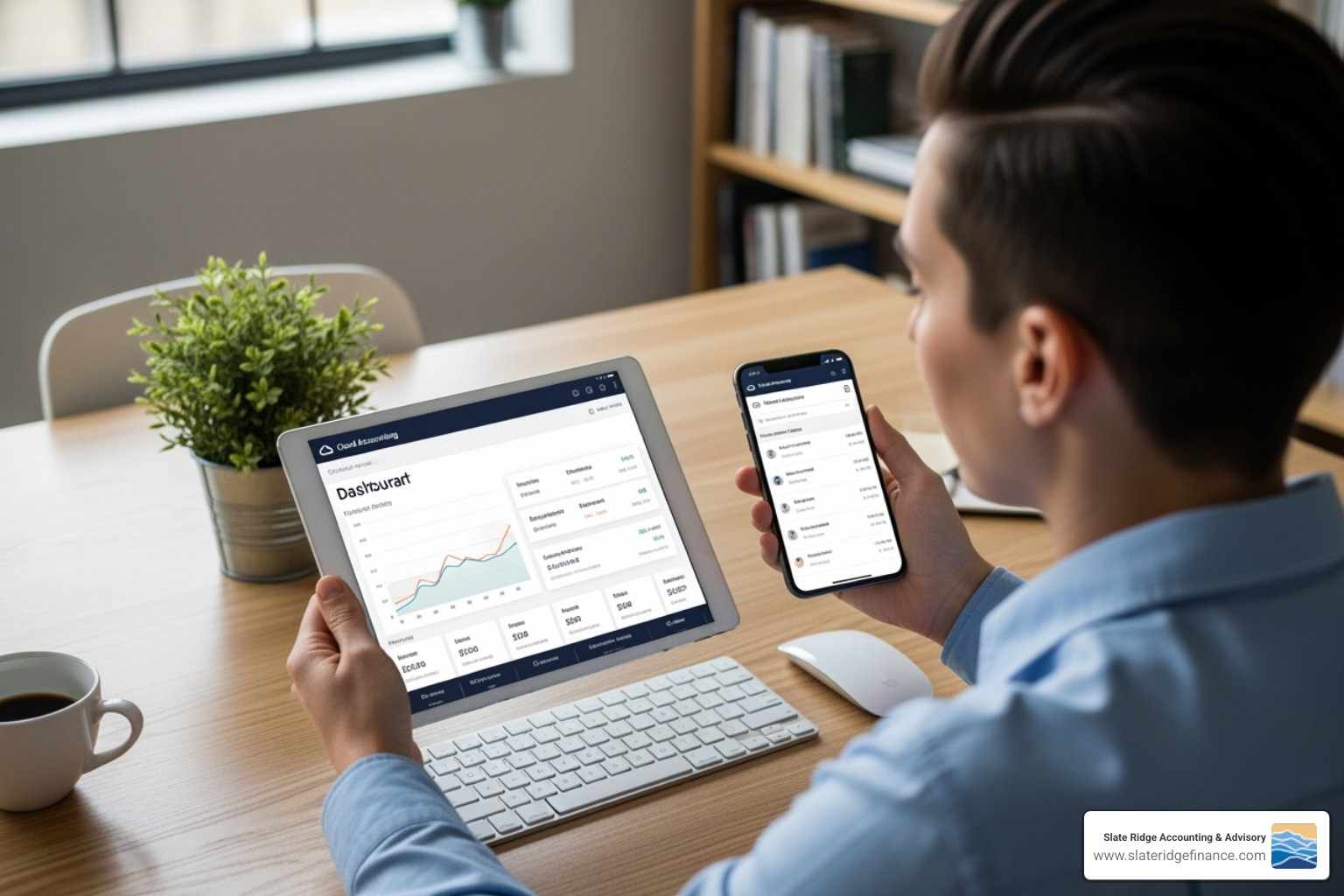 Person using cloud accounting software on a tablet and phone - Small business financial reporting
