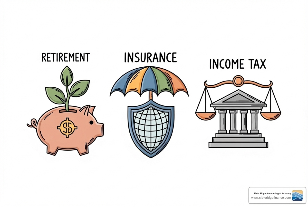 Icons representing CPP, EI, and Income Tax - calculating payroll taxes Icons representing CPP, EI, and Income Tax - calculating payroll taxes
