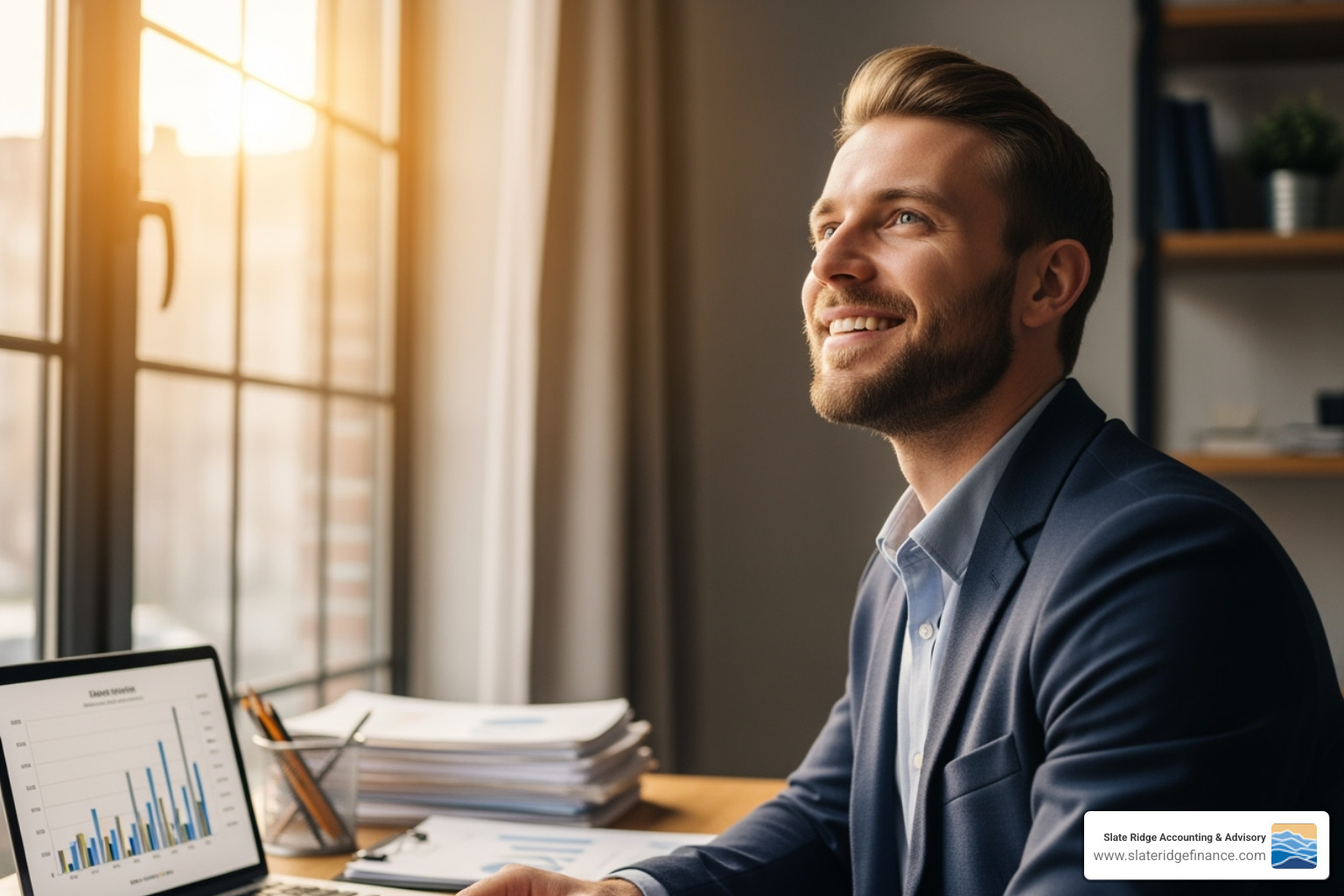 Image of a focused business owner freed from paperwork and looking confidently into the future - financial reporting services Image of a focused business owner freed from paperwork and looking confidently into the future - financial reporting services