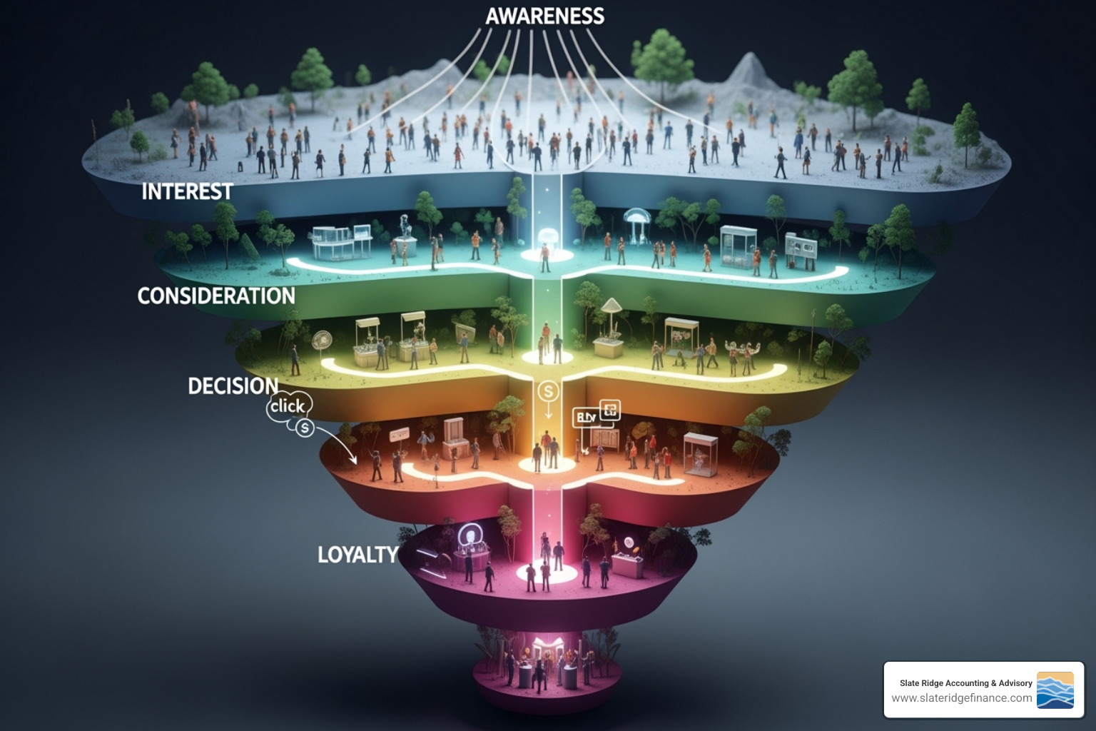 Marketing sales funnel showing customer journey, from awareness to loyalty. - grow small business Marketing sales funnel showing customer journey, from awareness to loyalty. - grow small business