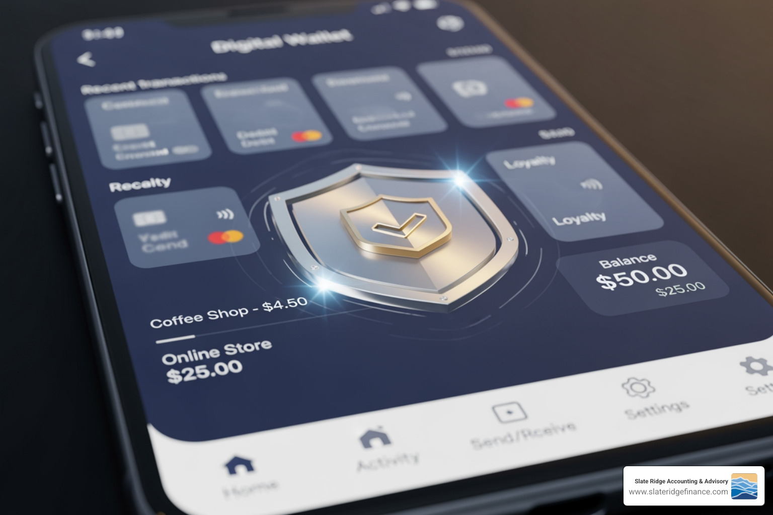 shield icon over a digital wallet - online financial advisory