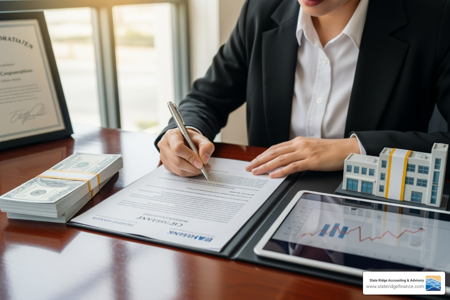 Person signing a loan document, symbolizing securing funding for business expansion. - grow small business Person signing a loan document, symbolizing securing funding for business expansion. - grow small business