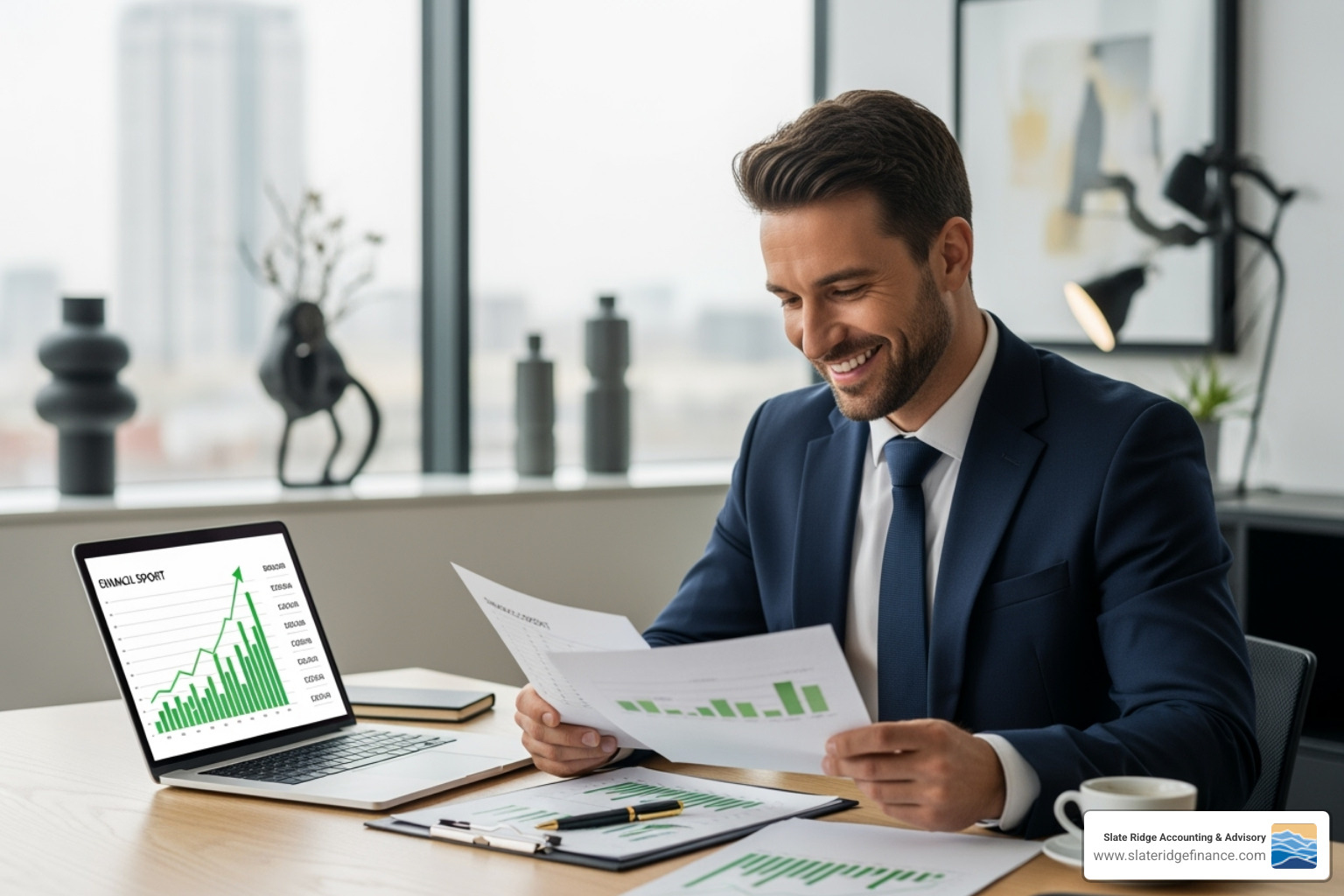 of a business owner looking relieved while reviewing a positive financial report - Virtual accounting firm of a business owner looking relieved while reviewing a positive financial report - Virtual accounting firm