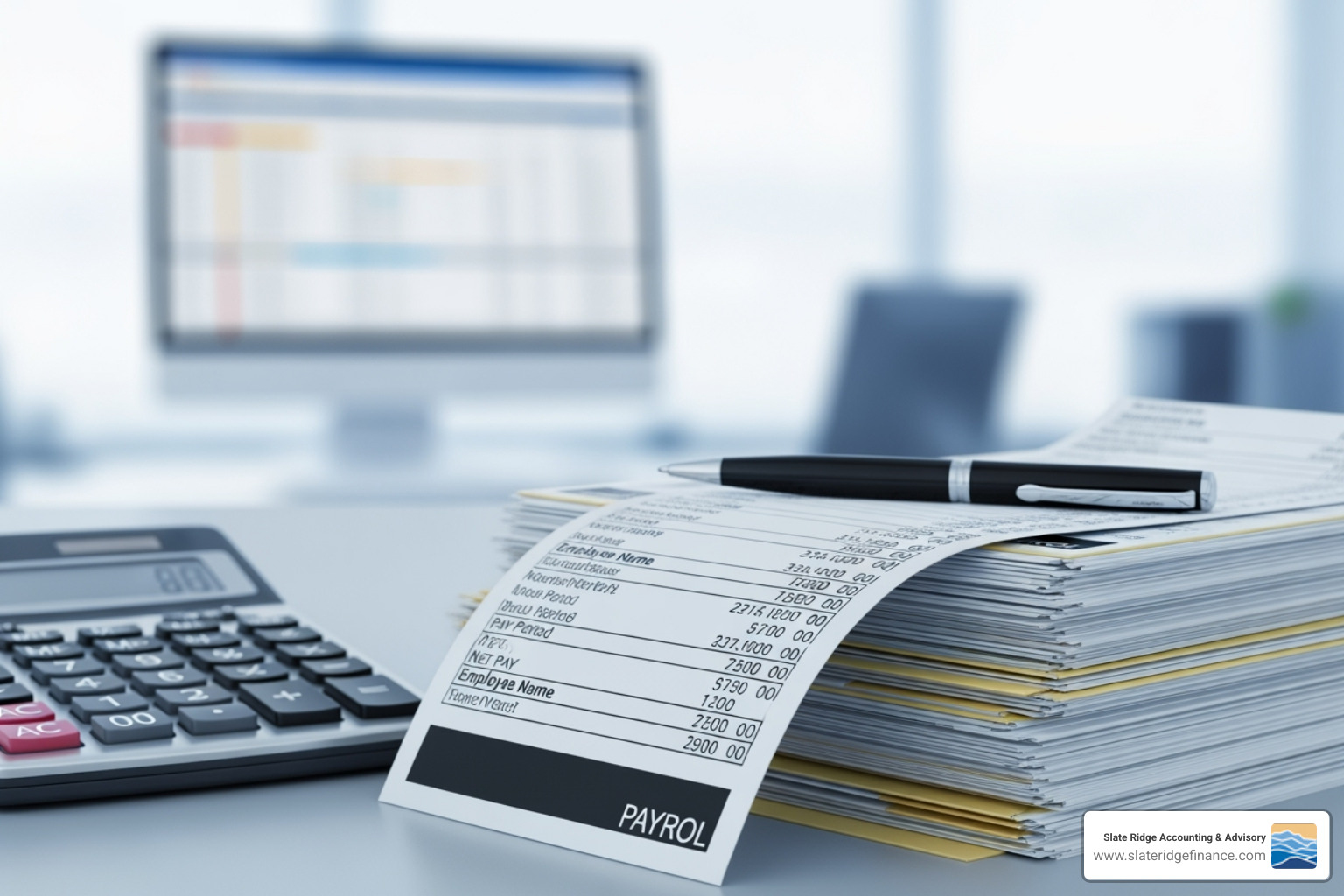 A split screen image showing a person struggling with stacks of paper and a calculator for in-house payroll (DIY) on one side, and a calm business owner collaborating with a professional payroll partner on a computer screen on the other side - payroll administration services A split screen image showing a person struggling with stacks of paper and a calculator for in-house payroll (DIY) on one side, and a calm business owner collaborating with a professional payroll partner on a computer screen on the other side - payroll administration services