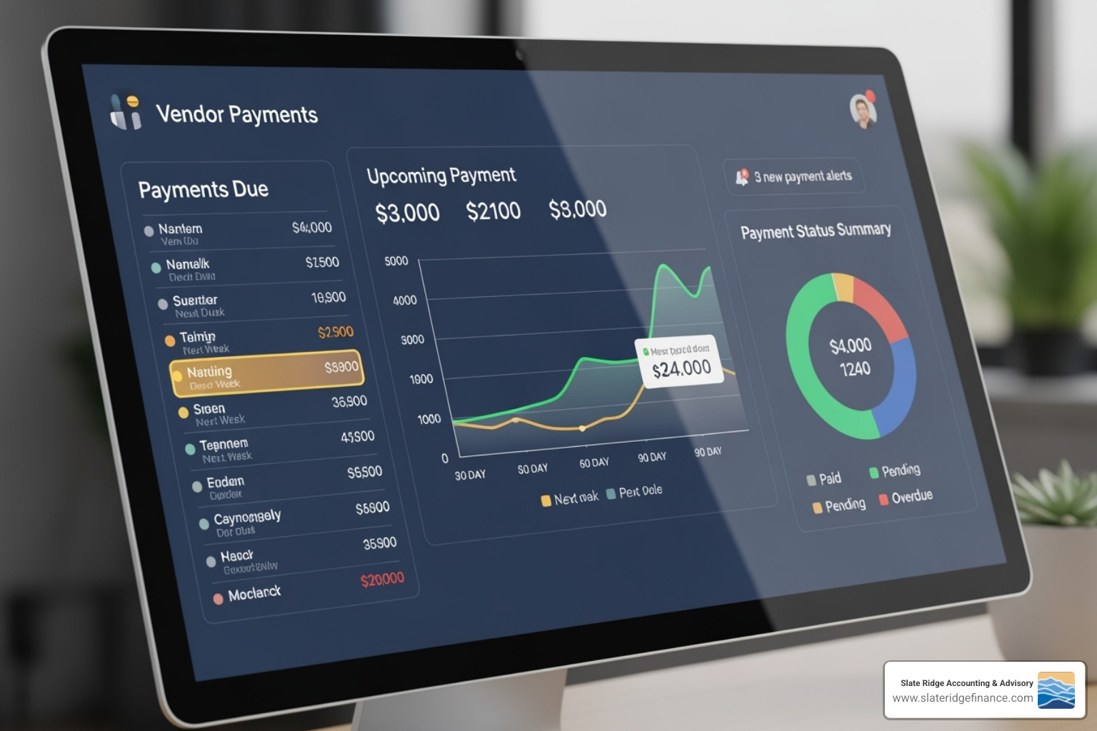 Digital dashboard showing scheduled vendor payments - tips for managing small business accounts receivable and payable Digital dashboard showing scheduled vendor payments - tips for managing small business accounts receivable and payable