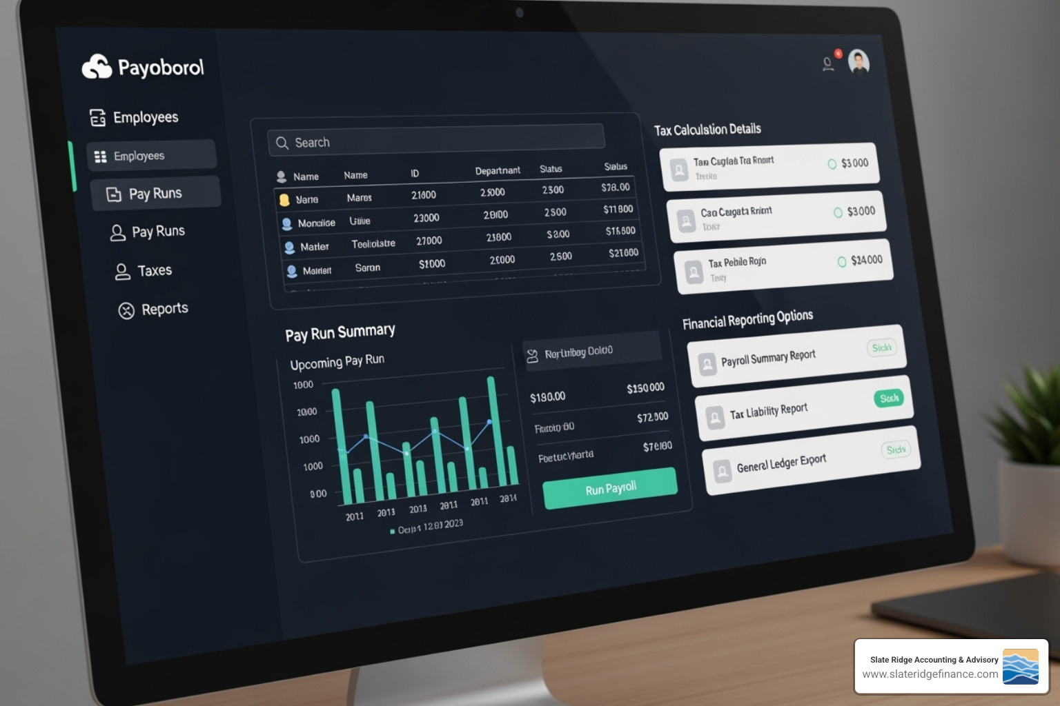 Software dashboard showing various payroll features like employee list, pay run summary, tax calculations, and reporting options - cloud payroll management Software dashboard showing various payroll features like employee list, pay run summary, tax calculations, and reporting options - cloud payroll management