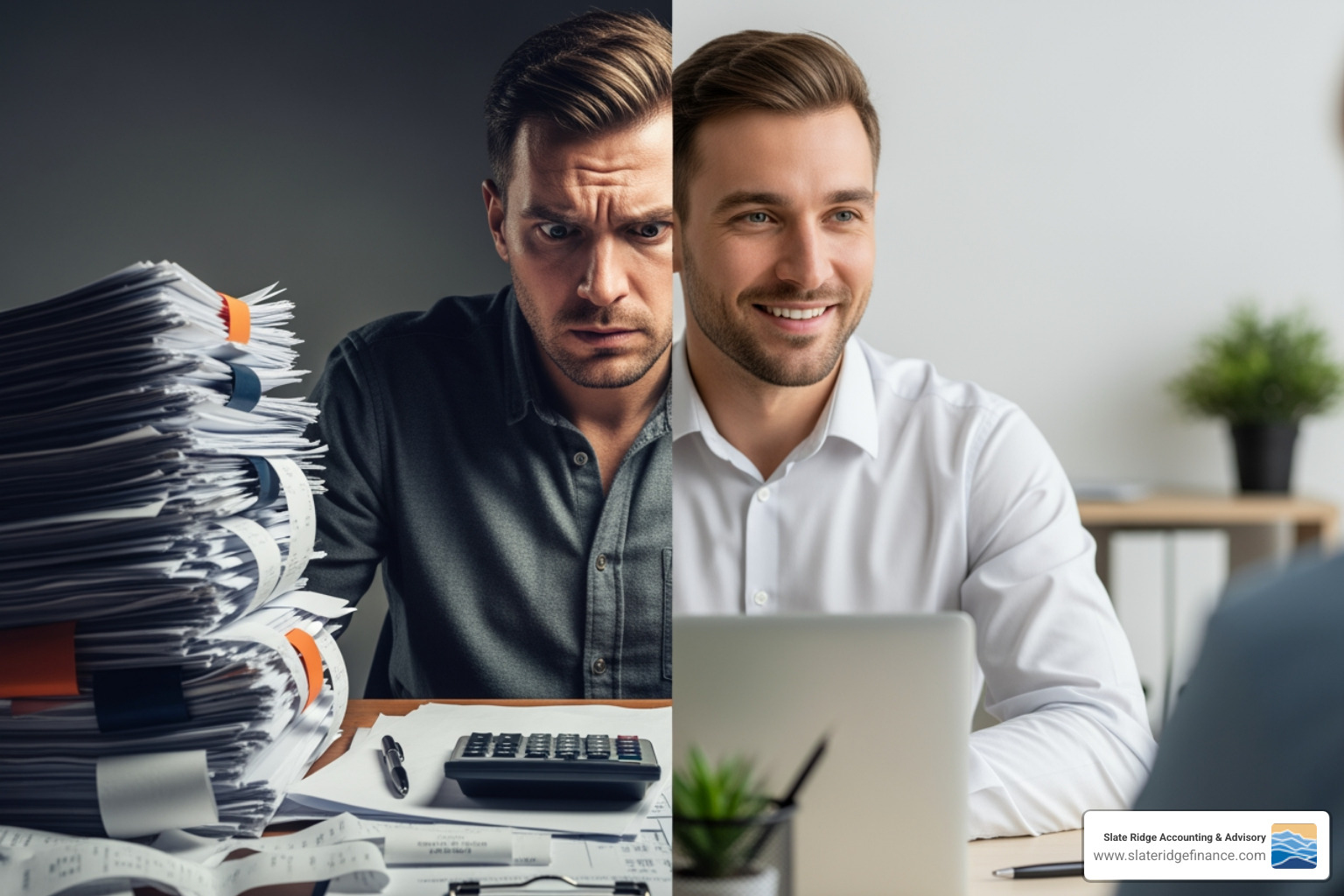 Stressed vs. relaxed small business owner - North Carolina payroll service