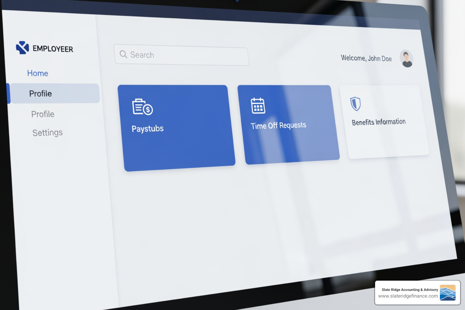 Software interface showing employee self-service portal with options for paystubs, time off requests, and benefits information - payroll billing software Software interface showing employee self-service portal with options for paystubs, time off requests, and benefits information - payroll billing software