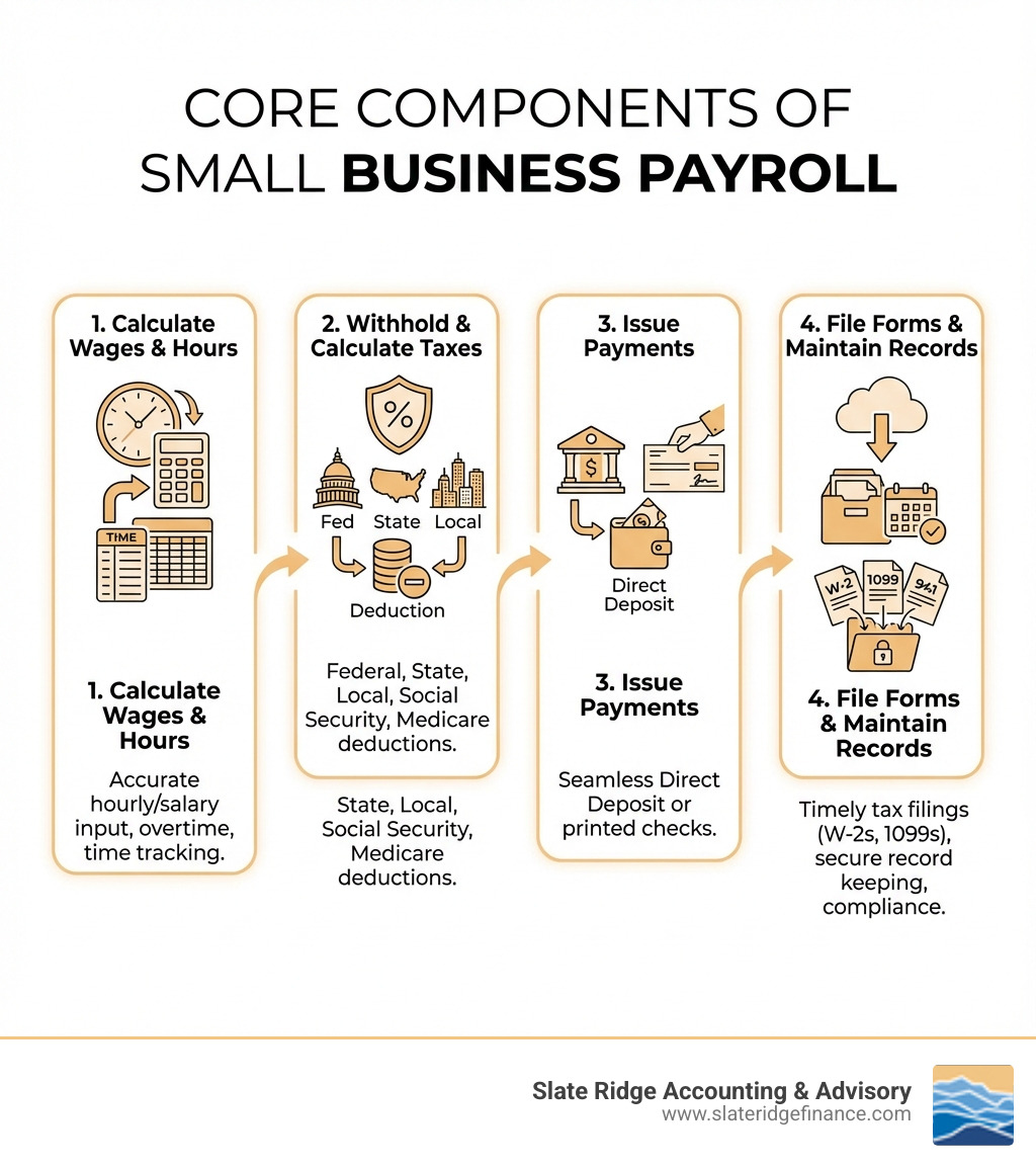 infographic showing four main components of payroll: 1) Calculate wages and hours worked, 2) Withhold and calculate federal, state, and local taxes, 3) Issue payments via direct deposit or check, 4) File tax forms and maintain records - payroll services for small business near me infographic infographic showing four main components of payroll: 1) Calculate wages and hours worked, 2) Withhold and calculate federal, state, and local taxes, 3) Issue payments via direct deposit or check, 4) File tax forms and maintain records - payroll services for small business near me infographic