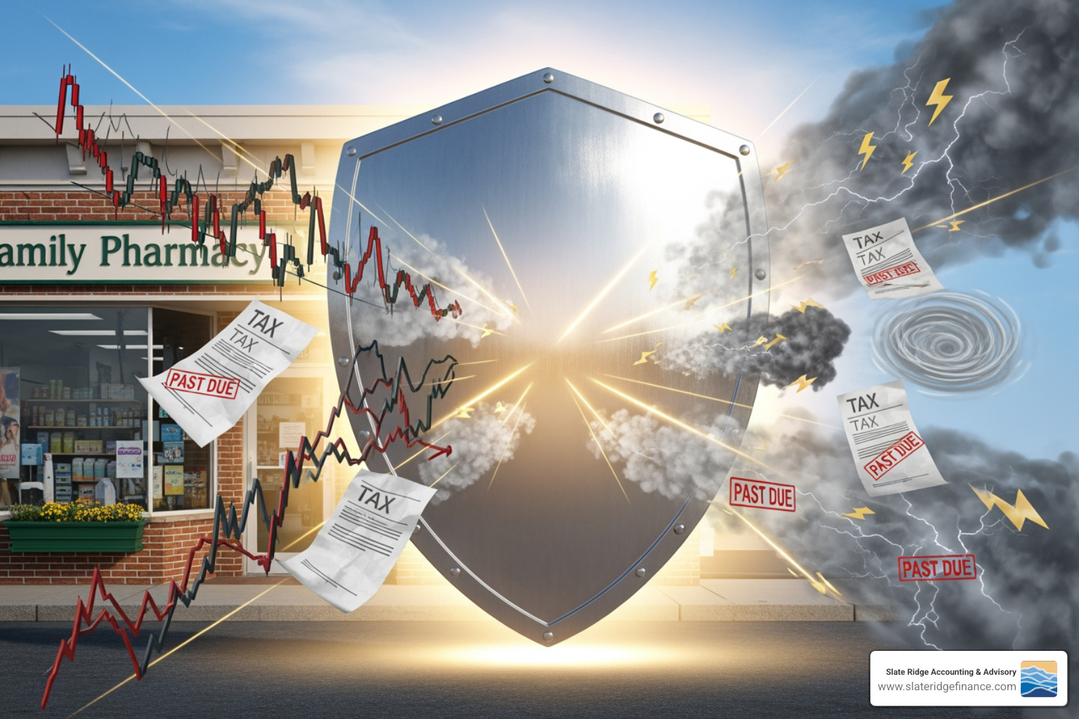 Shield protecting business assets from risks like taxes and market volatility - Financial planning small business