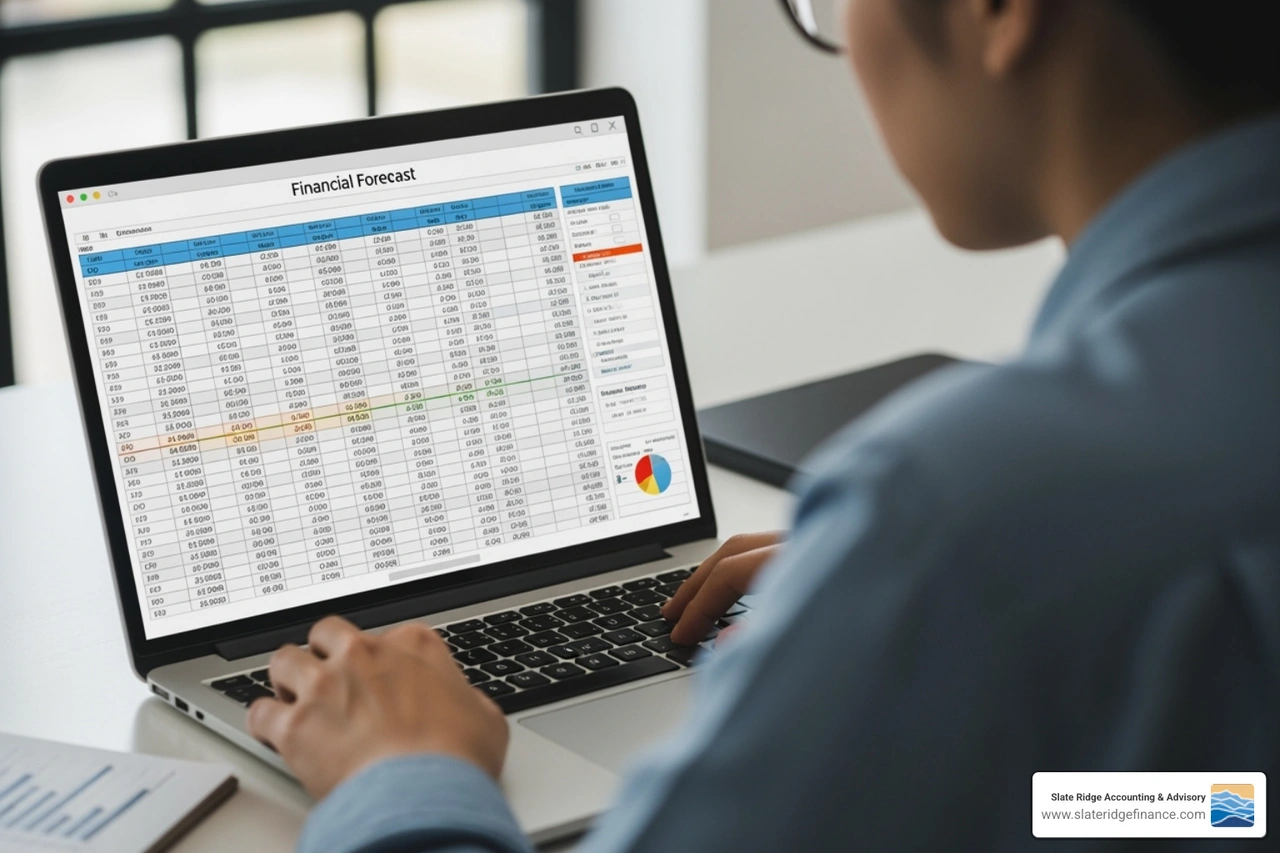 person working on a financial forecast spreadsheet - small business forecasting person working on a financial forecast spreadsheet - small business forecasting
