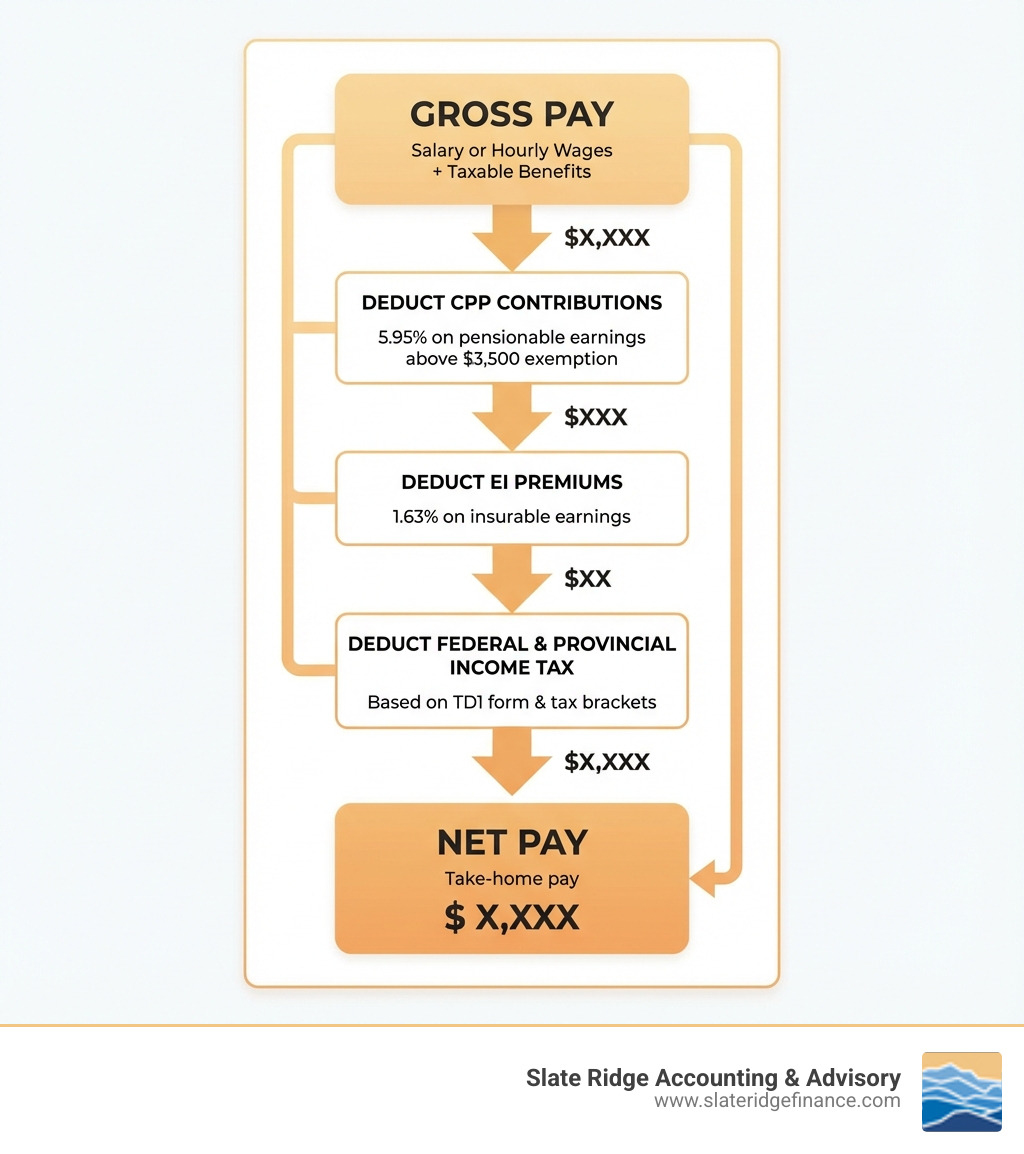 Infographic showing the payroll calculation flow: Starting with Gross Pay (salary or hourly wages plus taxable benefits), then deducting CPP contributions (5.95% on pensionable earnings above $3,500 exemption), EI premiums (1.63% on insurable earnings), and Federal & Provincial Income Tax (based on TD1 form and tax brackets), arriving at Net Pay (take-home pay). Includes visual arrows flowing from top to bottom with dollar amounts at each stage. - calculating payroll taxes infographic Infographic showing the payroll calculation flow: Starting with Gross Pay (salary or hourly wages plus taxable benefits), then deducting CPP contributions (5.95% on pensionable earnings above $3,500 exemption), EI premiums (1.63% on insurable earnings), and Federal & Provincial Income Tax (based on TD1 form and tax brackets), arriving at Net Pay (take-home pay). Includes visual arrows flowing from top to bottom with dollar amounts at each stage. - calculating payroll taxes infographic